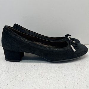 AGL Pump Black Leather Suede Shoes Round Toe Bow Accent Block Heels Sz 36 1/2